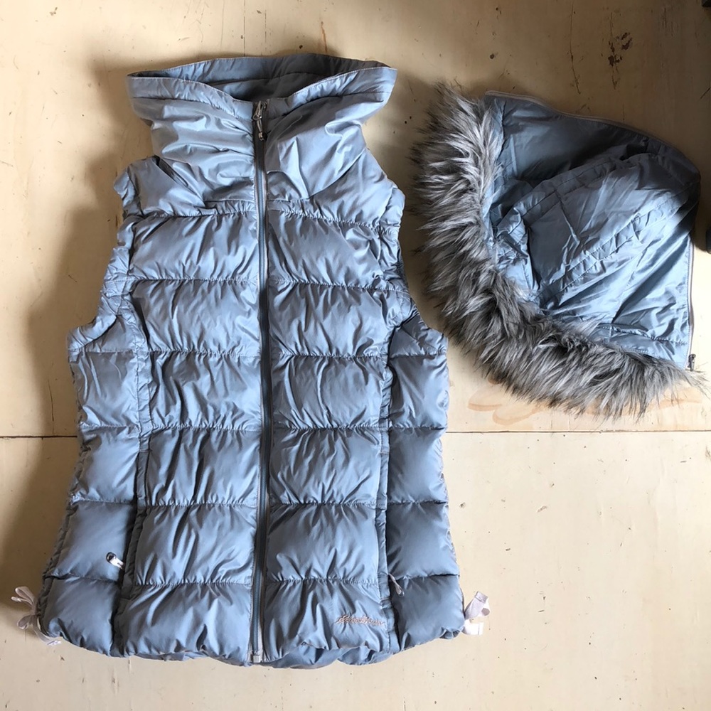 Eddie Bauer down vest with detachable hood.